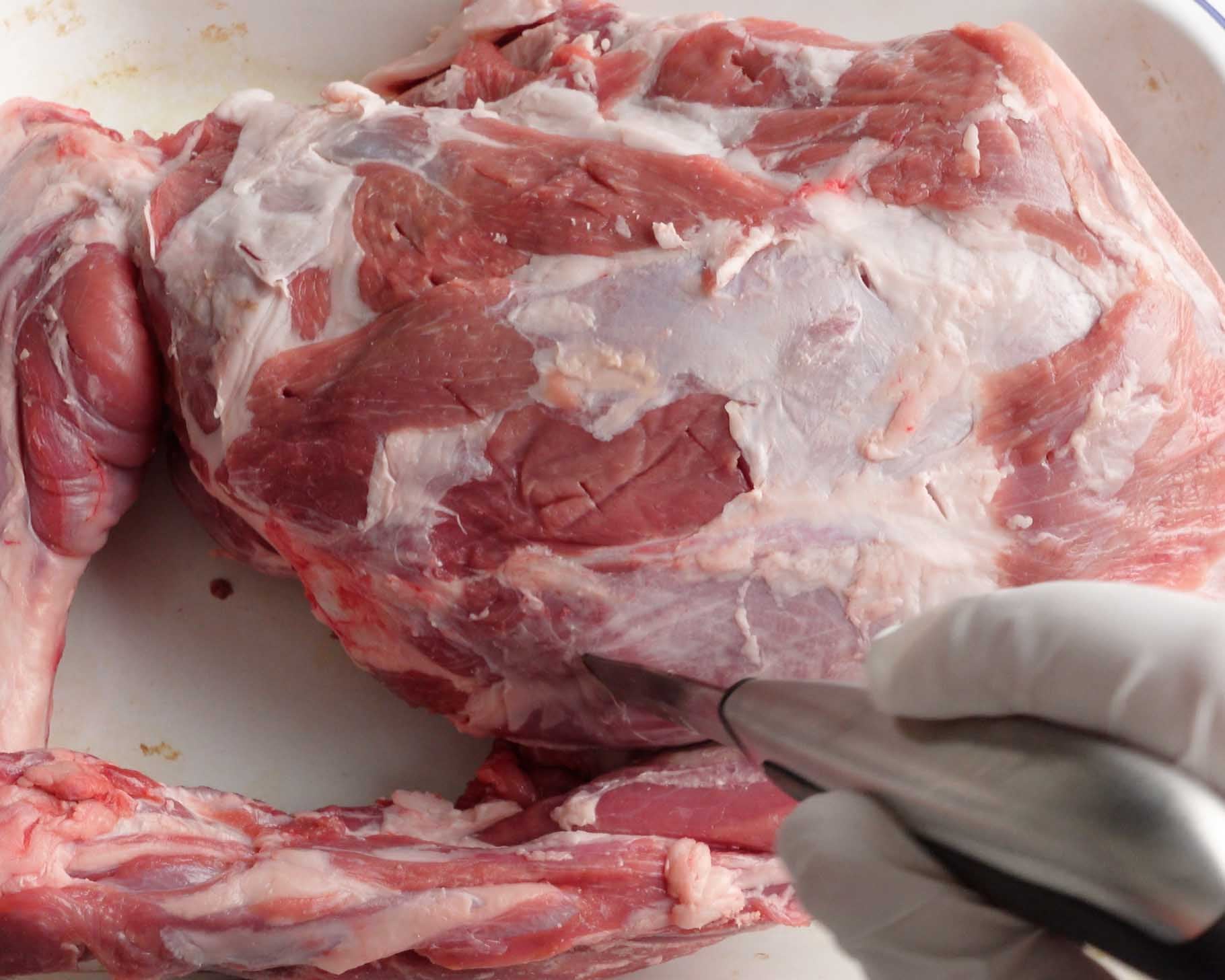 A gloved hand holds a knife, making an incision into a large raw piece of lamb shoulder on a white surface, preparing it for cooking.